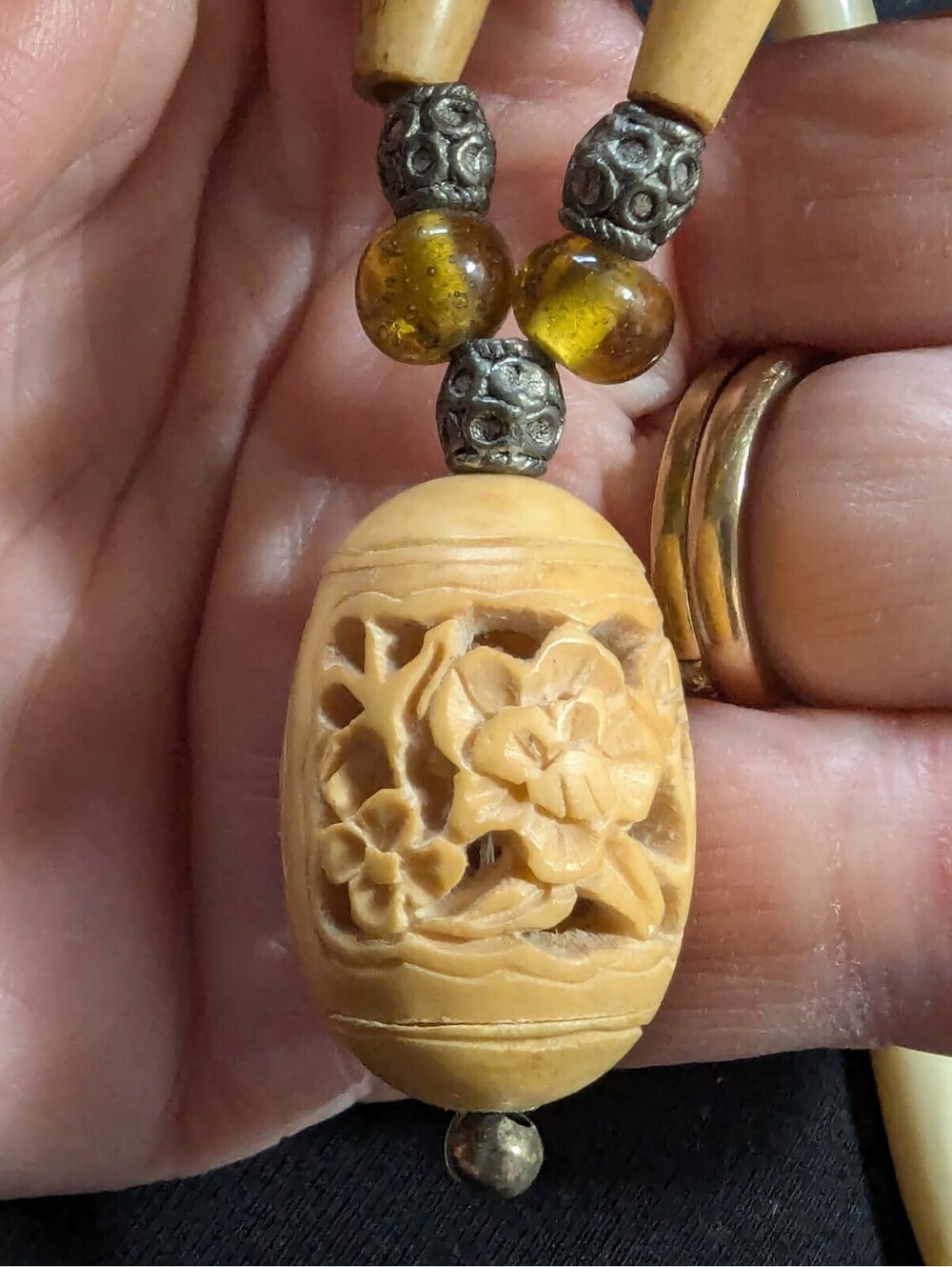 Vintage Hand Carved Floral Bead Pendant Necklace Bohemian Statement Piece